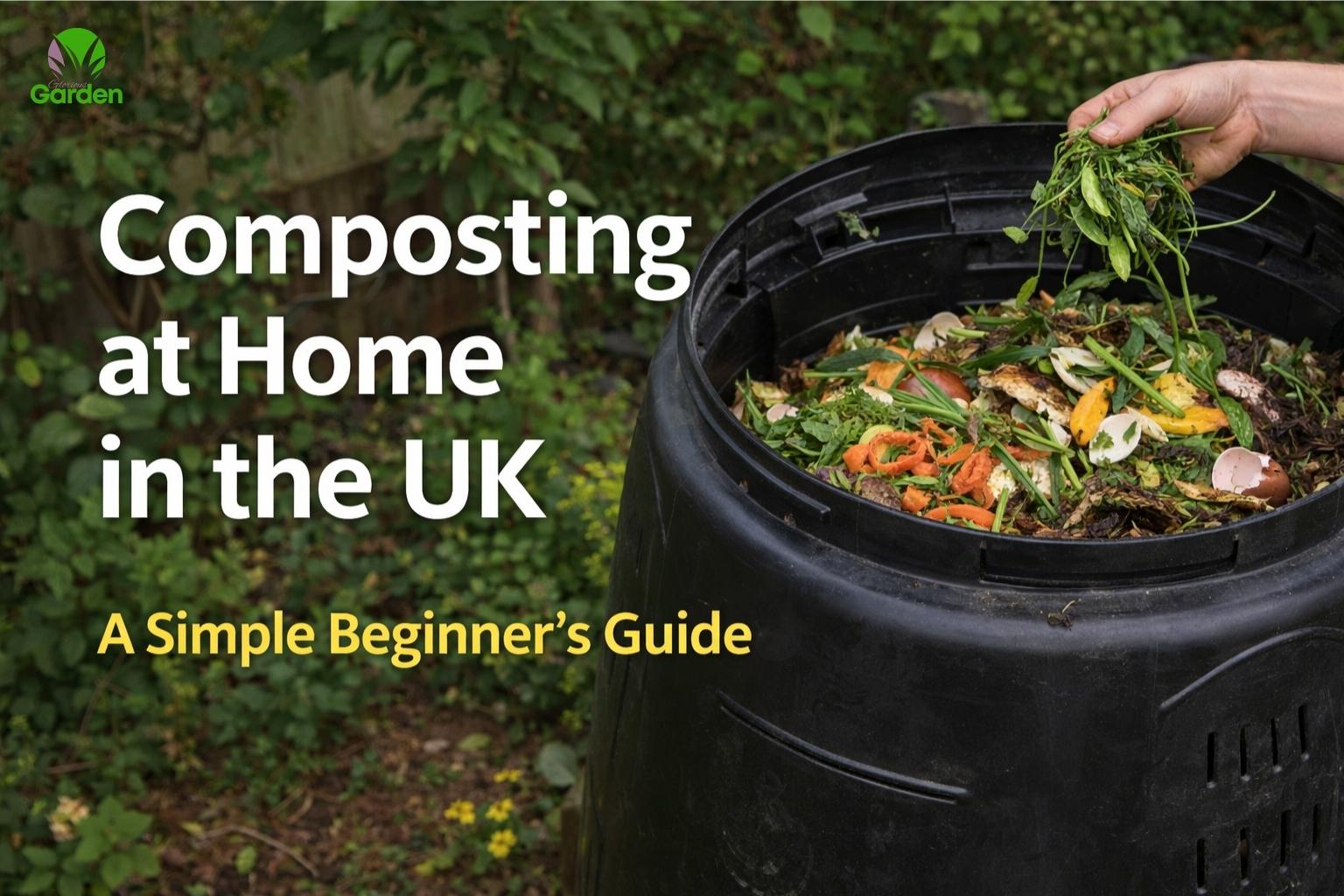 Composting at home in the UK using a garden compost bin with kitchen and garden waste