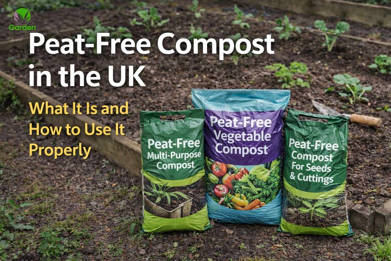 Peat-free compost bags used in a UK vegetable garden, showing multi-purpose, vegetable, and seed compost options