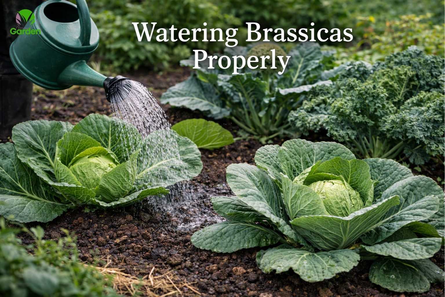 Watering brassicas properly in a UK vegetable garden using a watering can to keep soil evenly moist around cabbage and kale plants