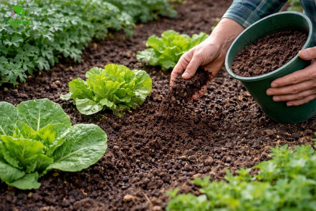 Gardener adding compost around vegetable plants to improve soil health in a UK garden bed