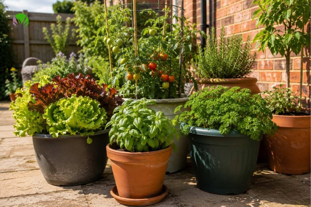 Lettuce, bush tomatoes and herbs growing healthily in separate containers on a UK patio