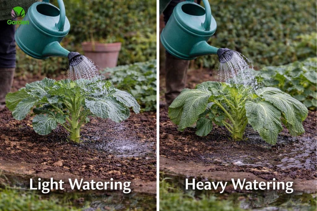 Comparison of brassica plants showing healthy growth with correct watering and weak growth caused by overwatering in a UK garden
