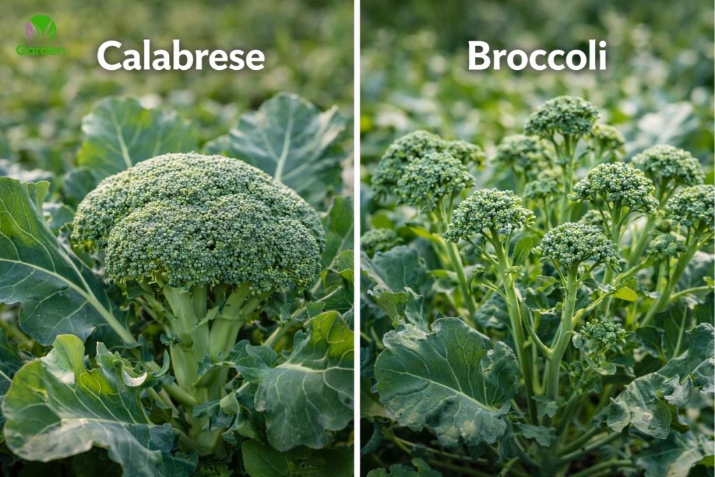Calabrese with a single central head compared with sprouting broccoli producing multiple side shoots