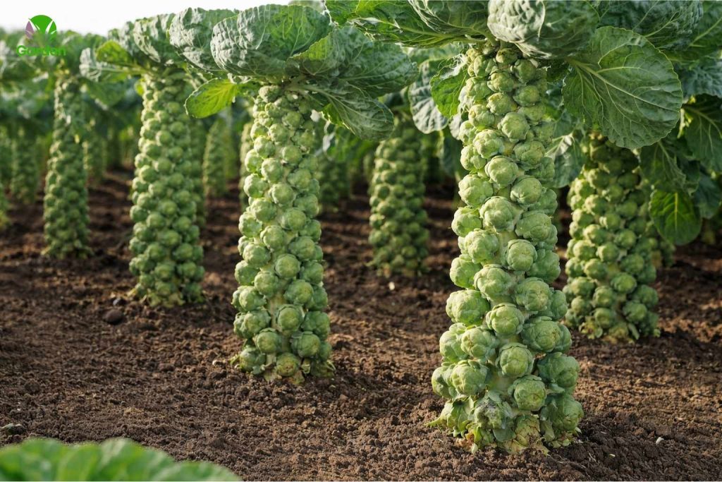 Growing Brussels sprouts in the UK showing natural plant form and spacing