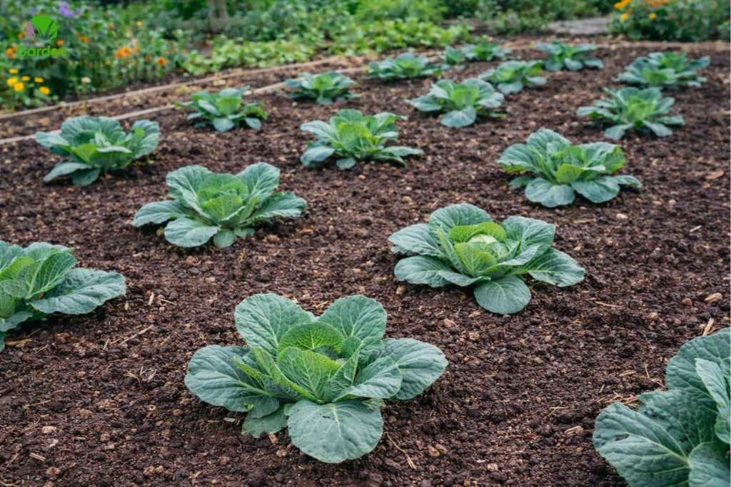 Young cabbage plants growing in firm, well-prepared soil in a UK vegetable garden