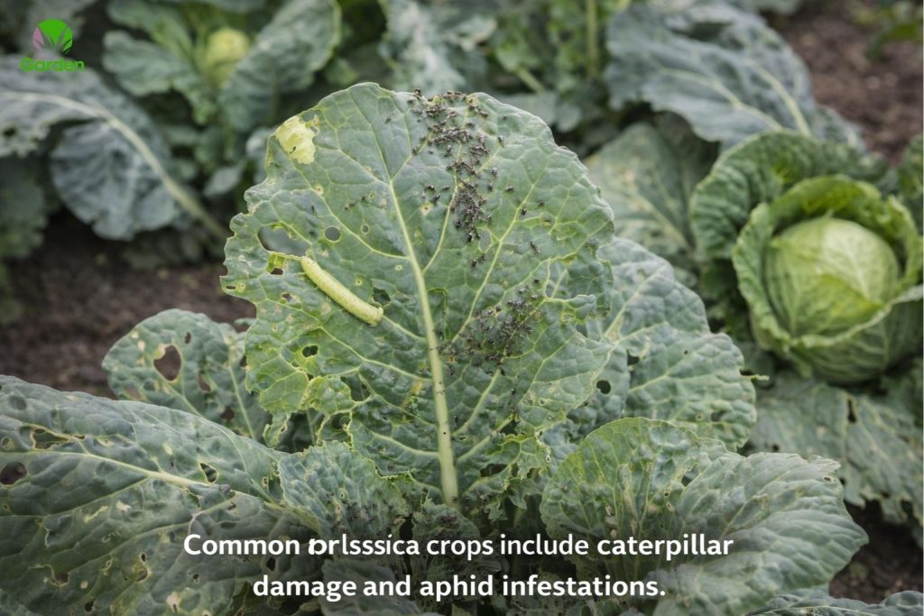 Brassica leaves showing caterpillar damage and aphids on a cabbage plant in a UK garden