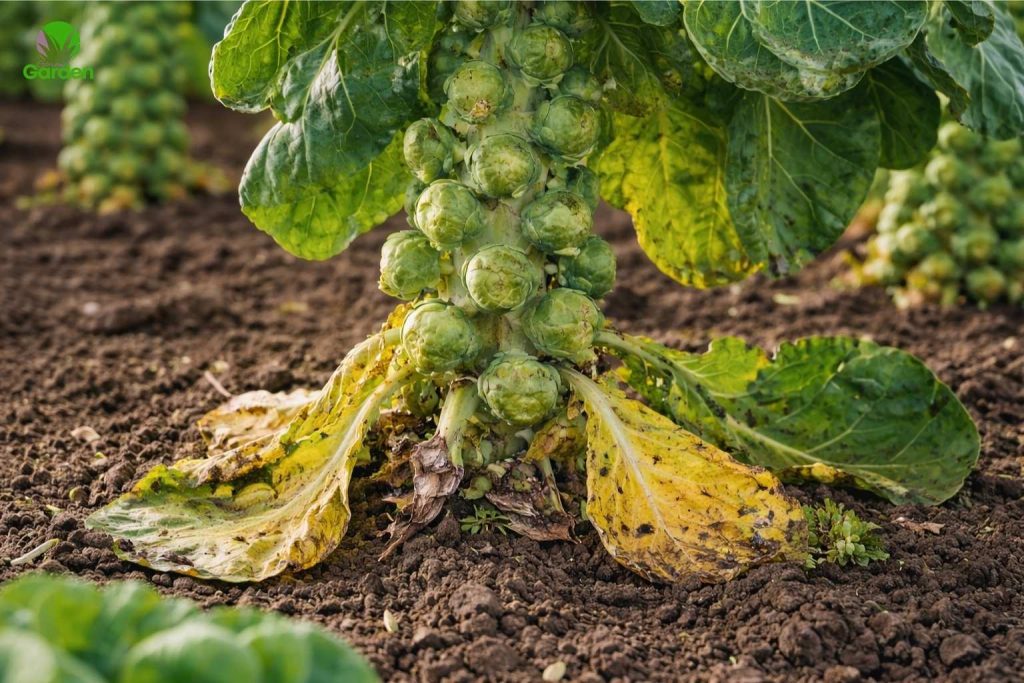 Common problems when growing Brussels sprouts in the UK including loose sprouts and yellowing leaves