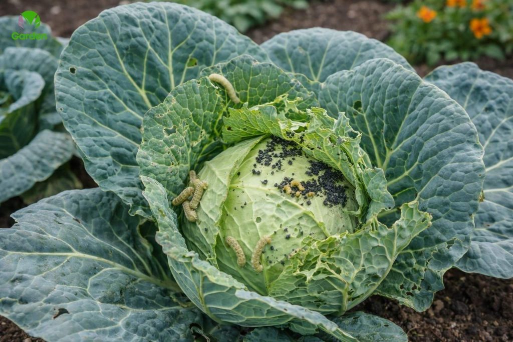 Cabbage leaves showing caterpillar damage and aphids on a cabbage plant in a UK garden
