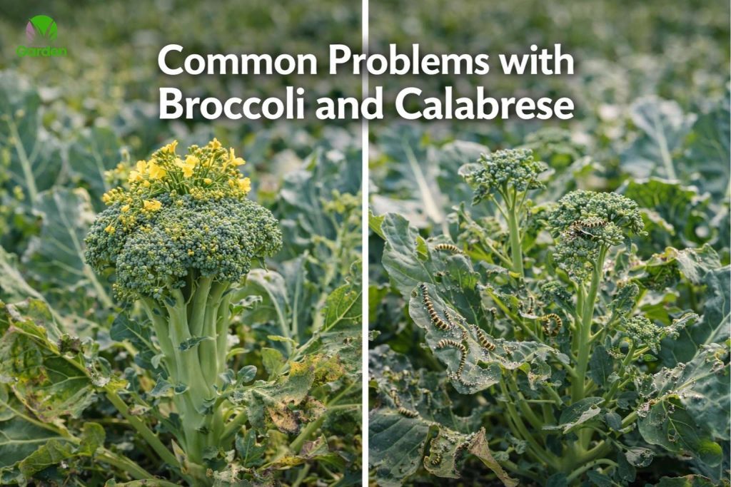 Broccoli plants showing bolting and caterpillar damage in a UK vegetable garden