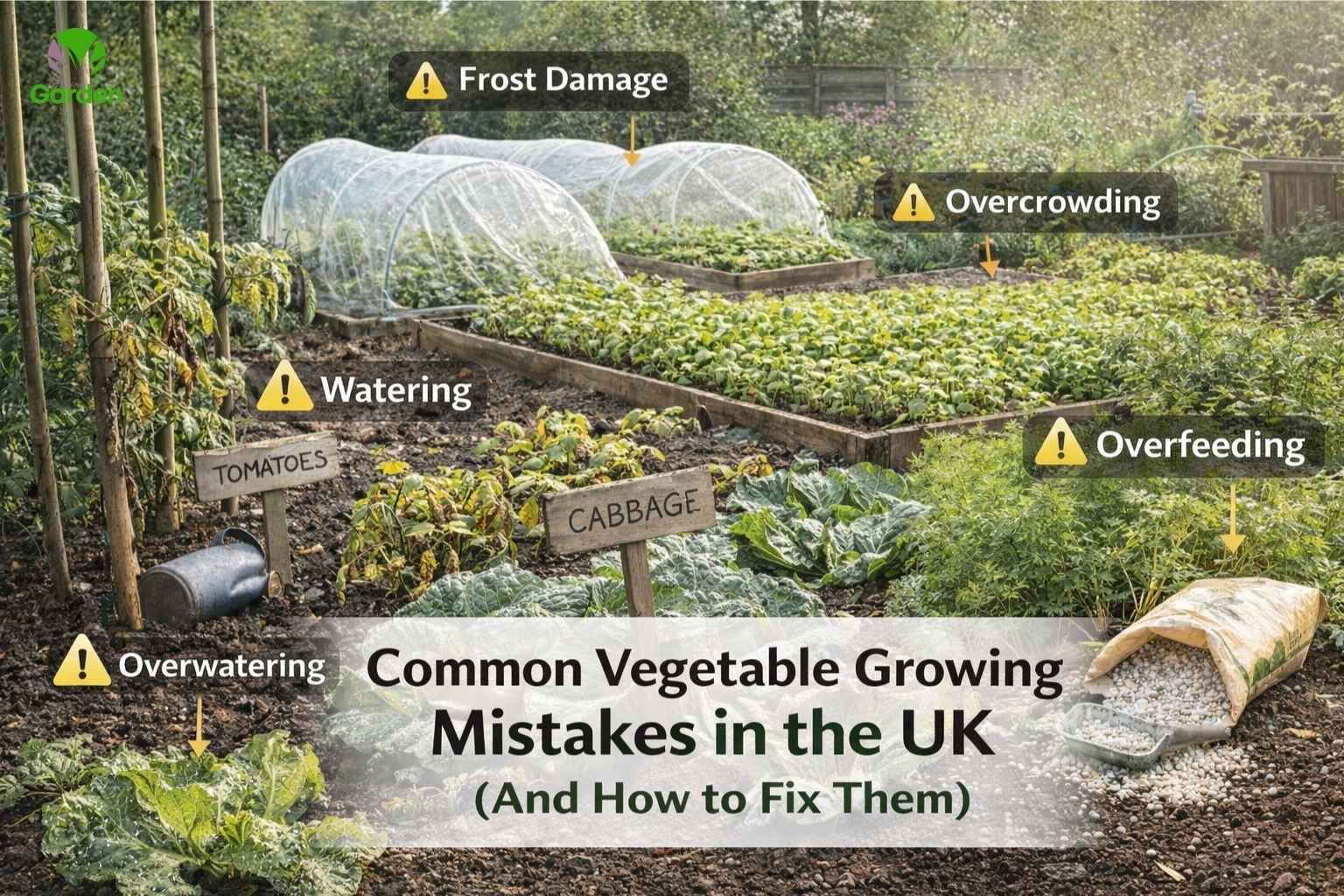 Common vegetable growing mistakes in the UK including overwatering, overcrowding, frost damage, and overfeeding