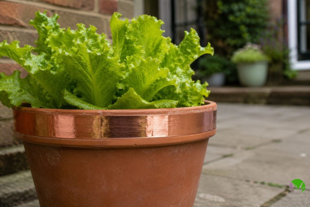 Copper tape applied around the rim of a terracotta pot as a slug barrier in a UK garden