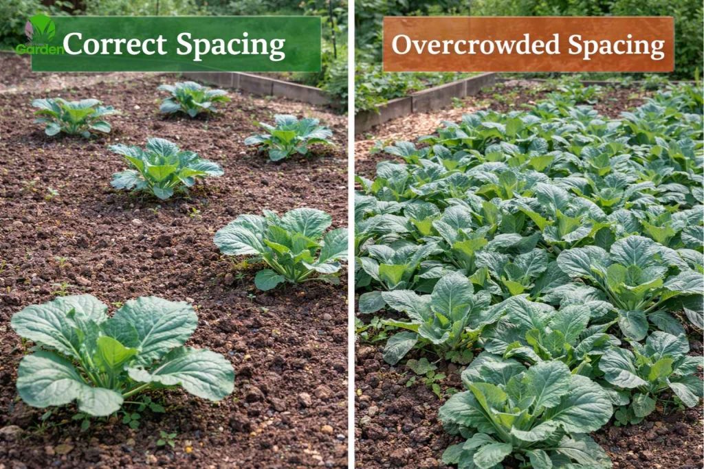 Correct spacing compared with overcrowded spacing when growing brassicas in a UK garden