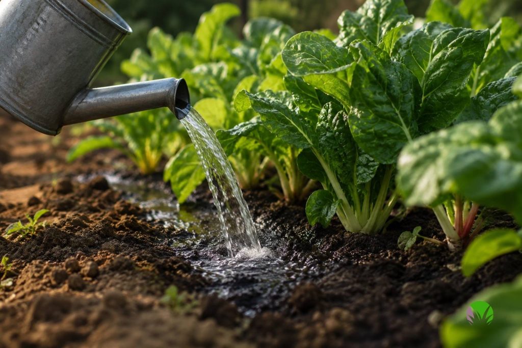 Watering can delivering a slow deep soak to the base of vegetable plants