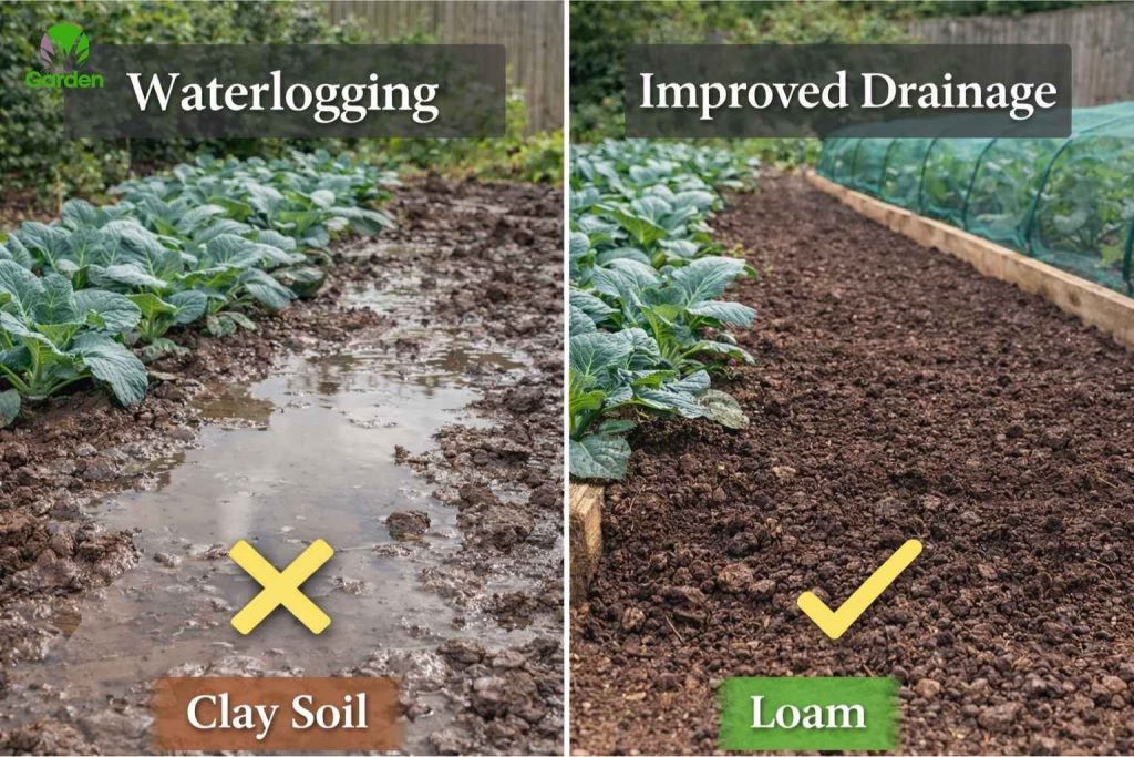 Drainage and waterlogging issues affecting soil preparation for brassicas in a UK garden