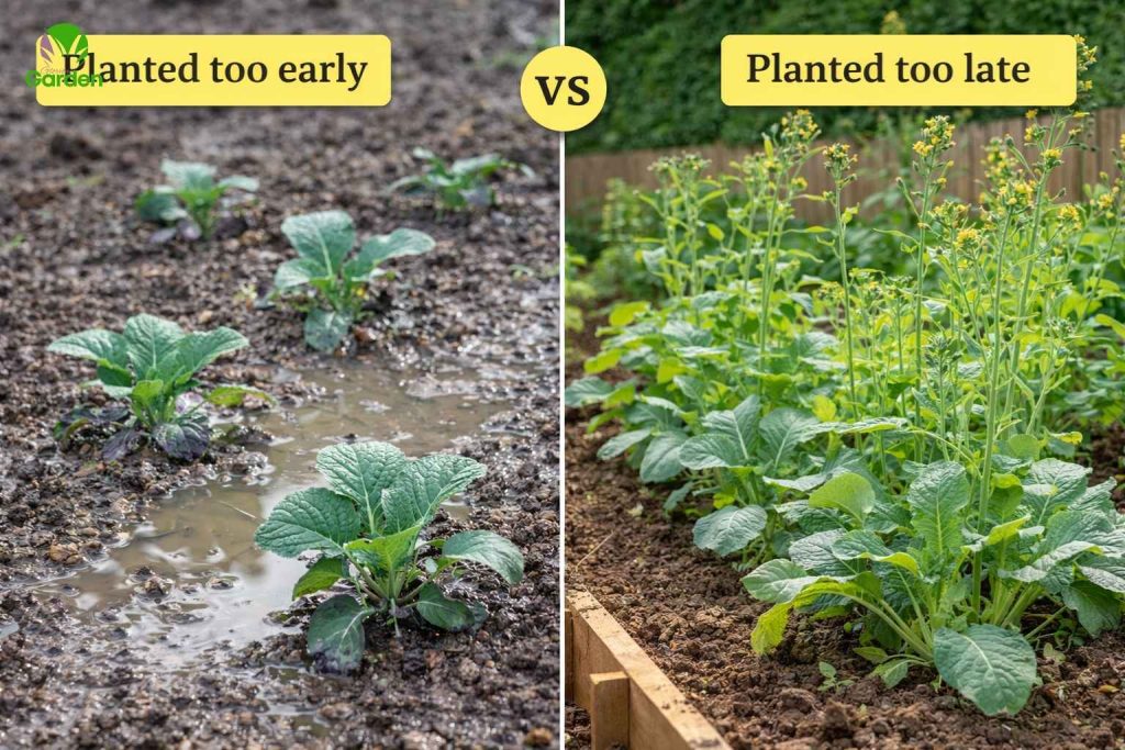 Brassicas planted too early in cold soil compared with brassicas planted too late in warm conditions