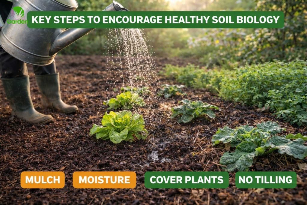 Gardener watering young vegetable plants in healthy UK soil with mulch to support soil biology and structure