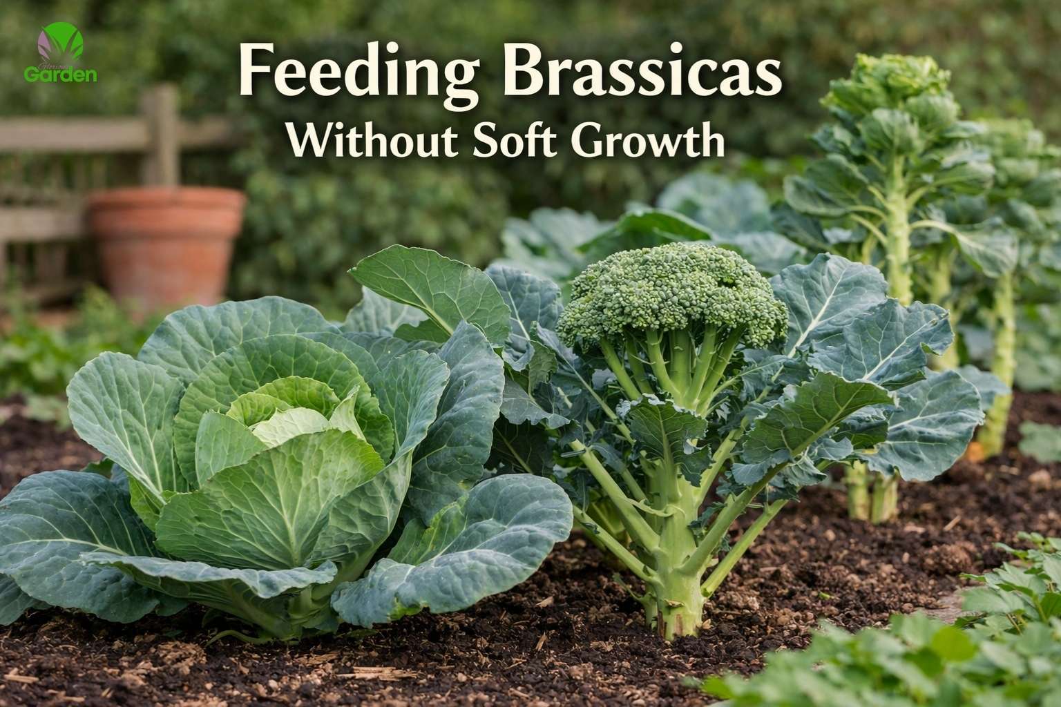 Healthy brassica plants in a UK vegetable garden showing steady growth from balanced feeding without soft leafy growth
