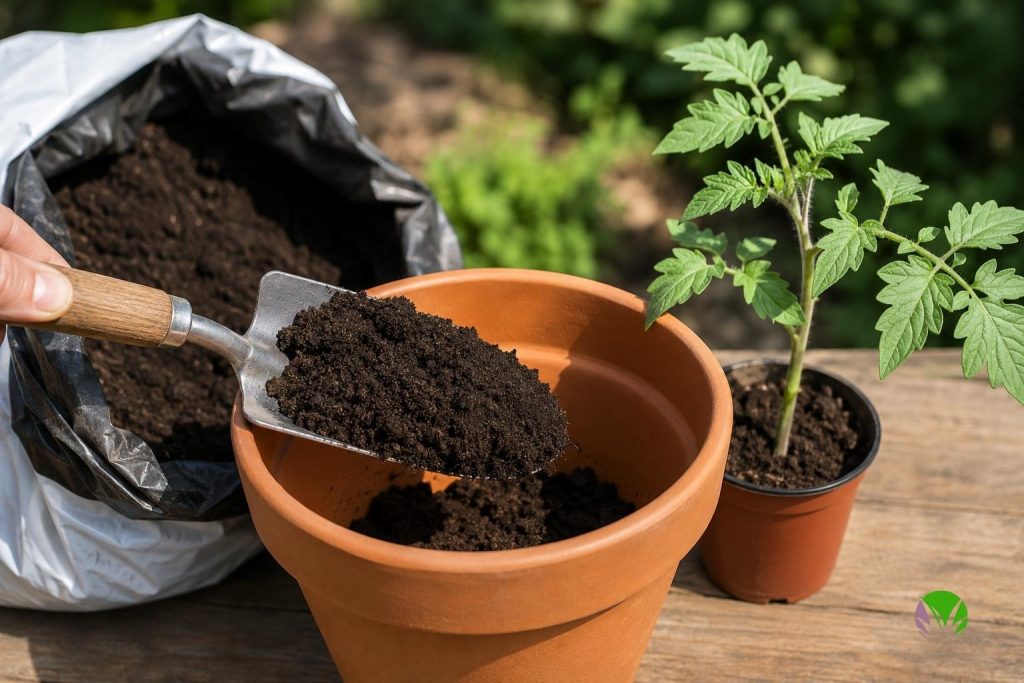 Filling a pot with vegetable compost for growing tomatoes in containers
