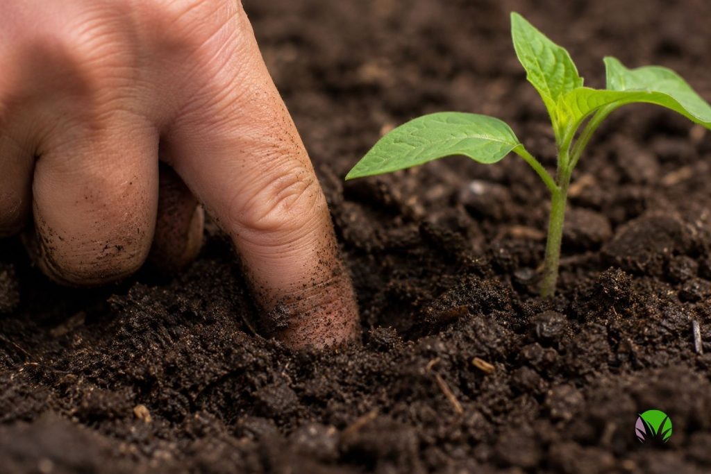 Close-up of a finger pushed into garden soil to test moisture at root depth