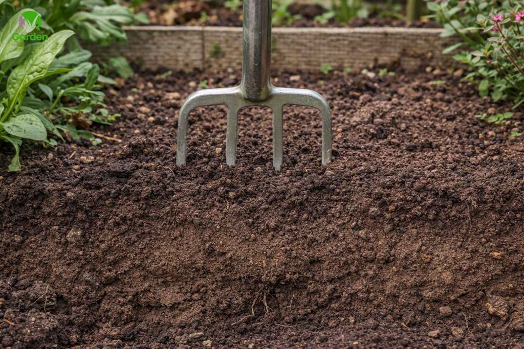 Garden fork pushed into hard soil showing compacted garden soil in a UK vegetable bed