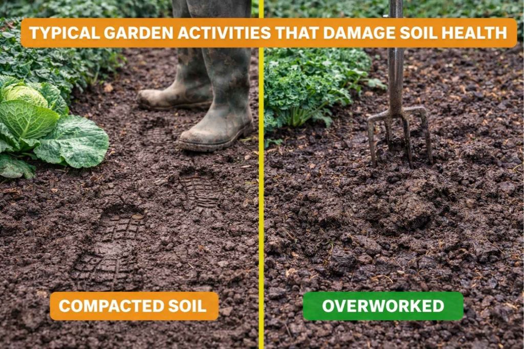 Compacted garden soil from foot traffic beside overworked soil in a vegetable bed