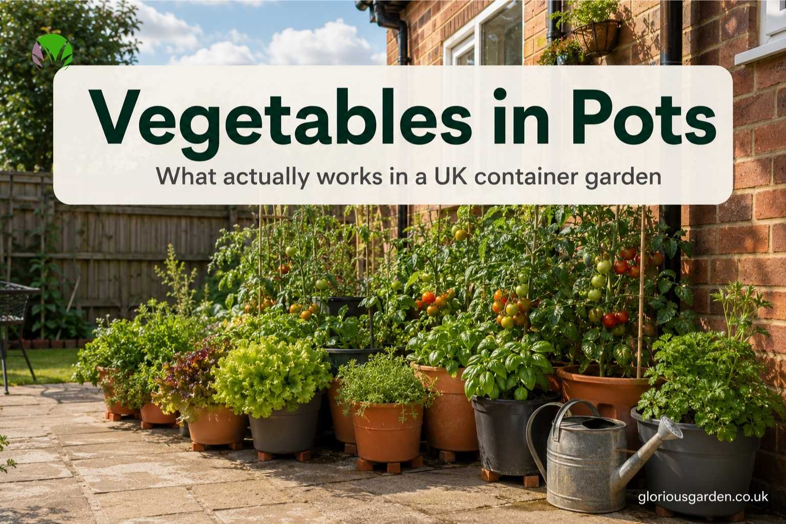 Vegetables growing in pots on a sunny UK patio including tomatoes, lettuce and herbs in containers