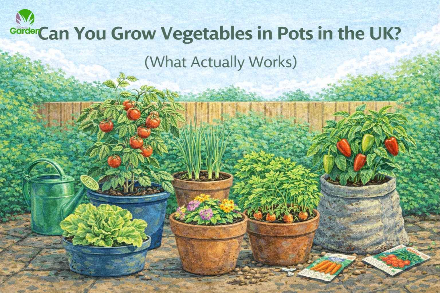 Growing vegetables in pots in the UK on a patio with containers, salad crops and tomatoes