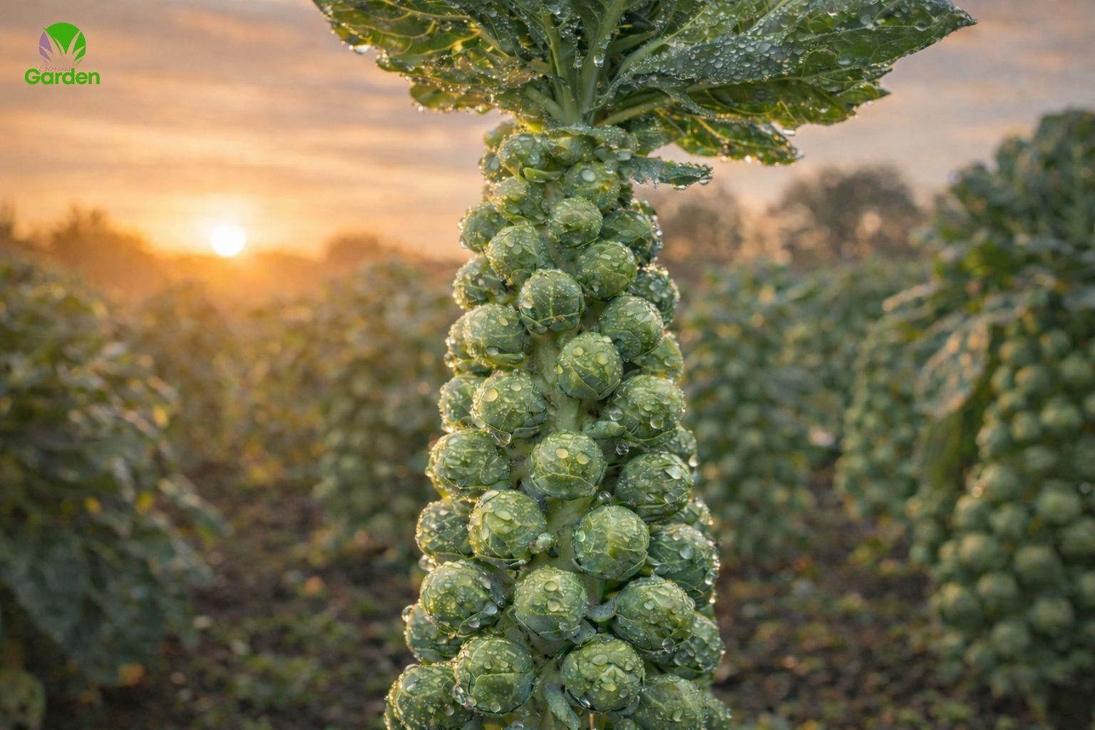 Growing Brussels sprouts in the UK with firm sprouts forming on the stem in a vegetable garden