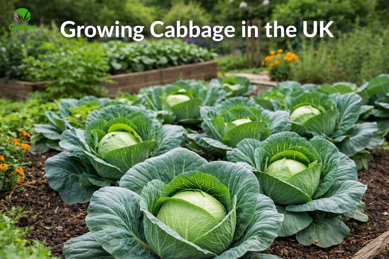 Healthy cabbage plants growing in a UK vegetable garden