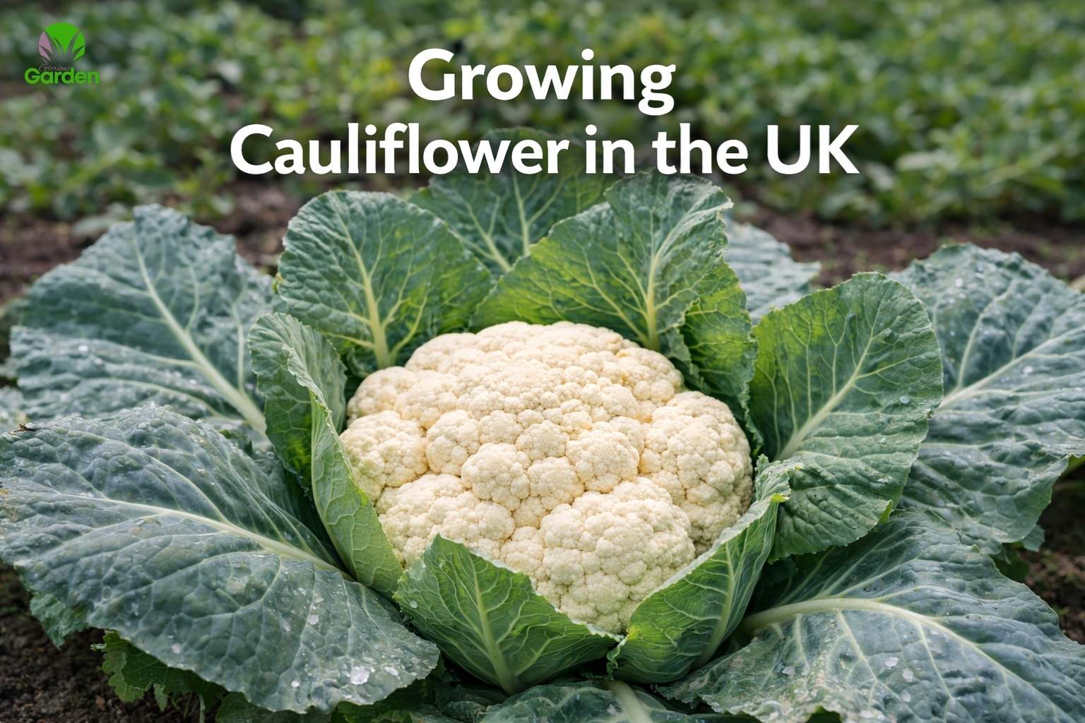 Healthy cauliflower forming a firm white curd in a UK vegetable garden
