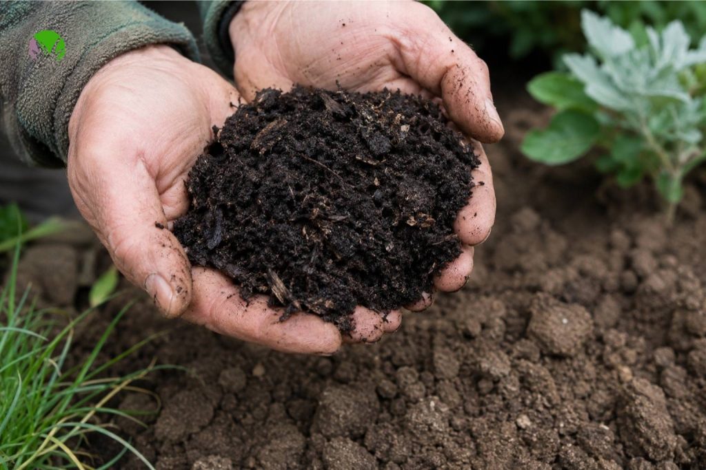 Hands holding rich dark garden compost being added to UK clay soil to improve structure and fertility