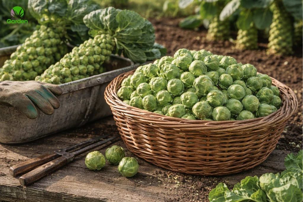 Harvesting Brussels sprouts in the UK with freshly picked sprouts from the garden