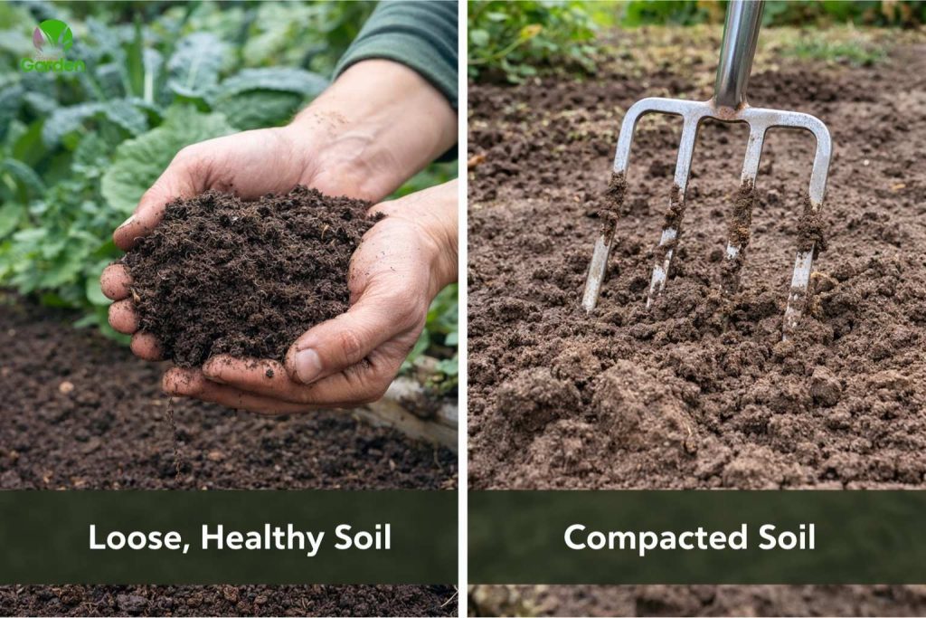 Loose healthy garden soil compared with compacted soil in a UK vegetable bed