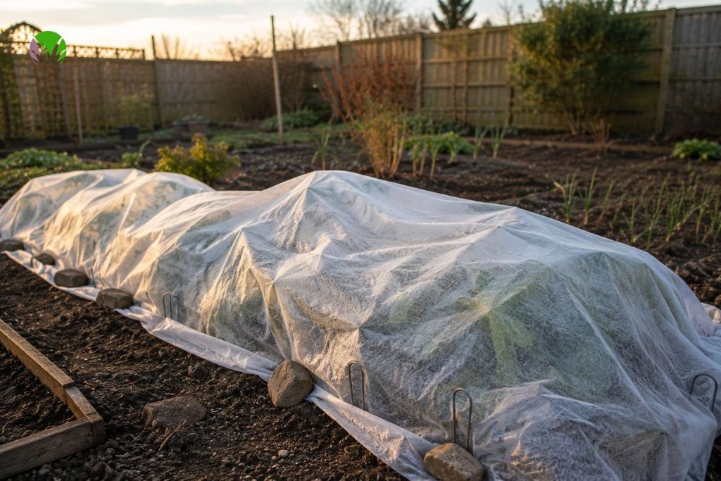 Horticultural fleece draped over vegetable plants in a UK garden bed to protect them from overnight frost
