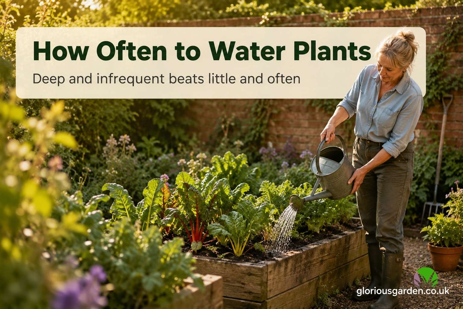 Gardener watering a raised vegetable bed with a watering can in an English garden