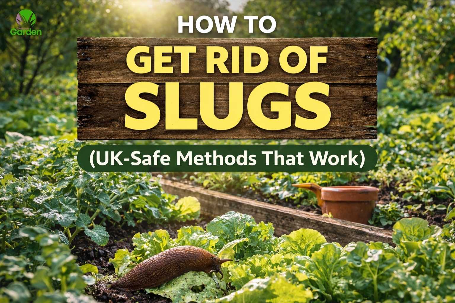 Slug eating lettuce in a UK vegetable garden showing common slug damage to plants