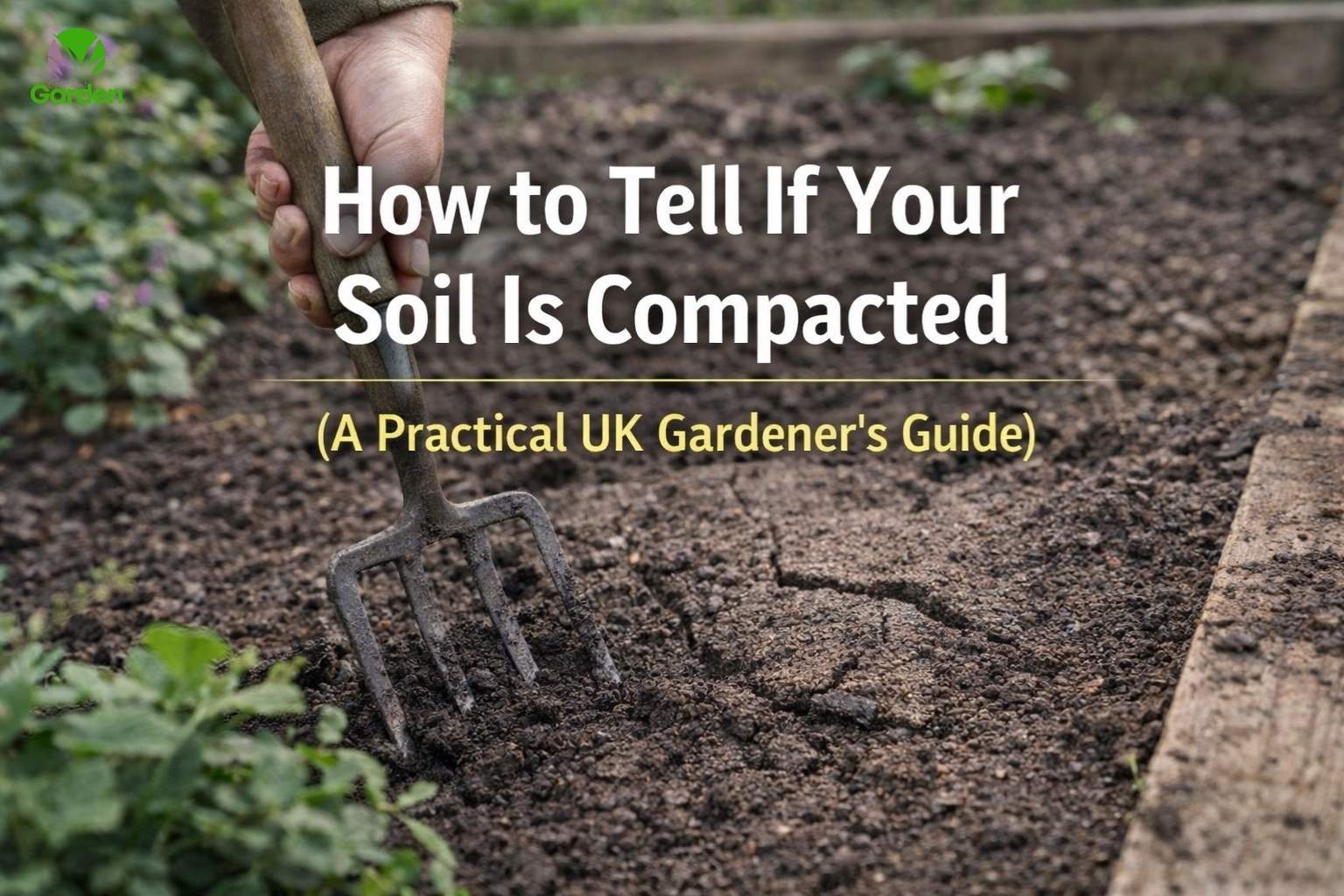 Soil compaction in UK gardens shown by a garden fork pushed into hard soil