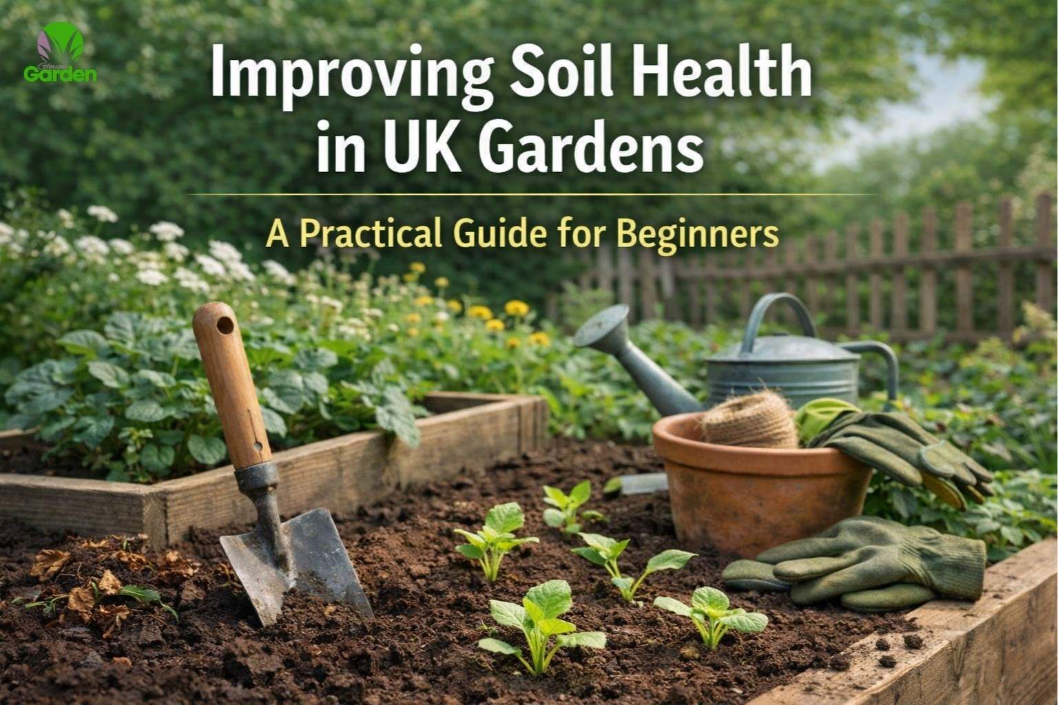 Healthy garden soil in a UK raised bed with young plants and gardening tools