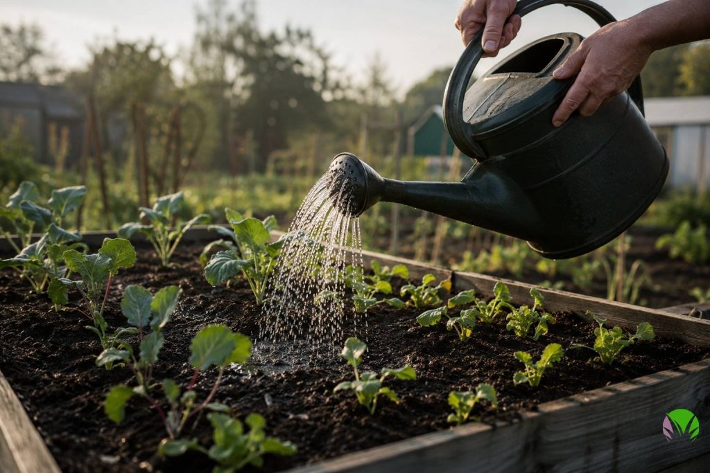 Watering vegetable seedlings in the morning to reduce slug damage in a UK garden