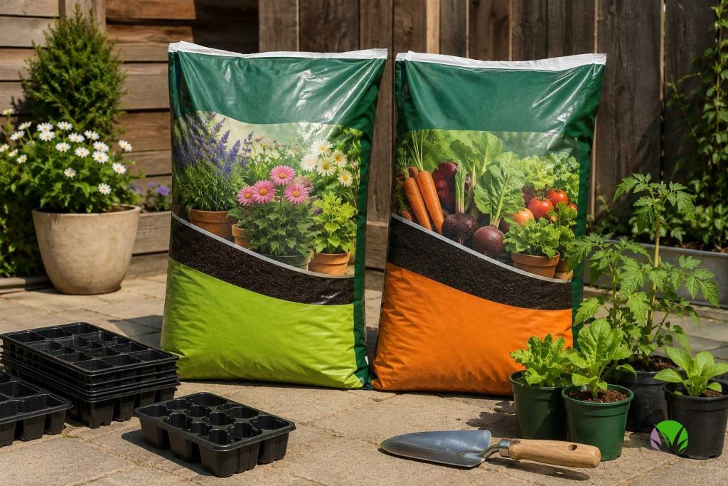 Peat-free multipurpose and vegetable compost bags side by side