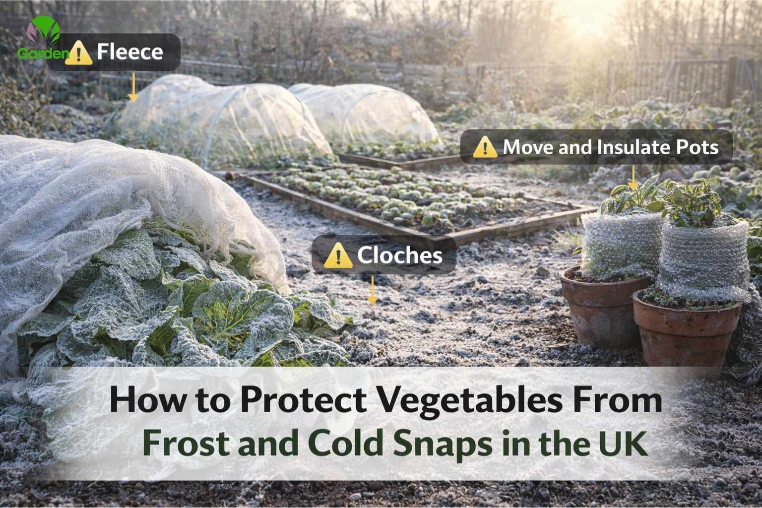 Vegetable plants in a UK garden after a light frost, showing cold weather conditions that can affect crops