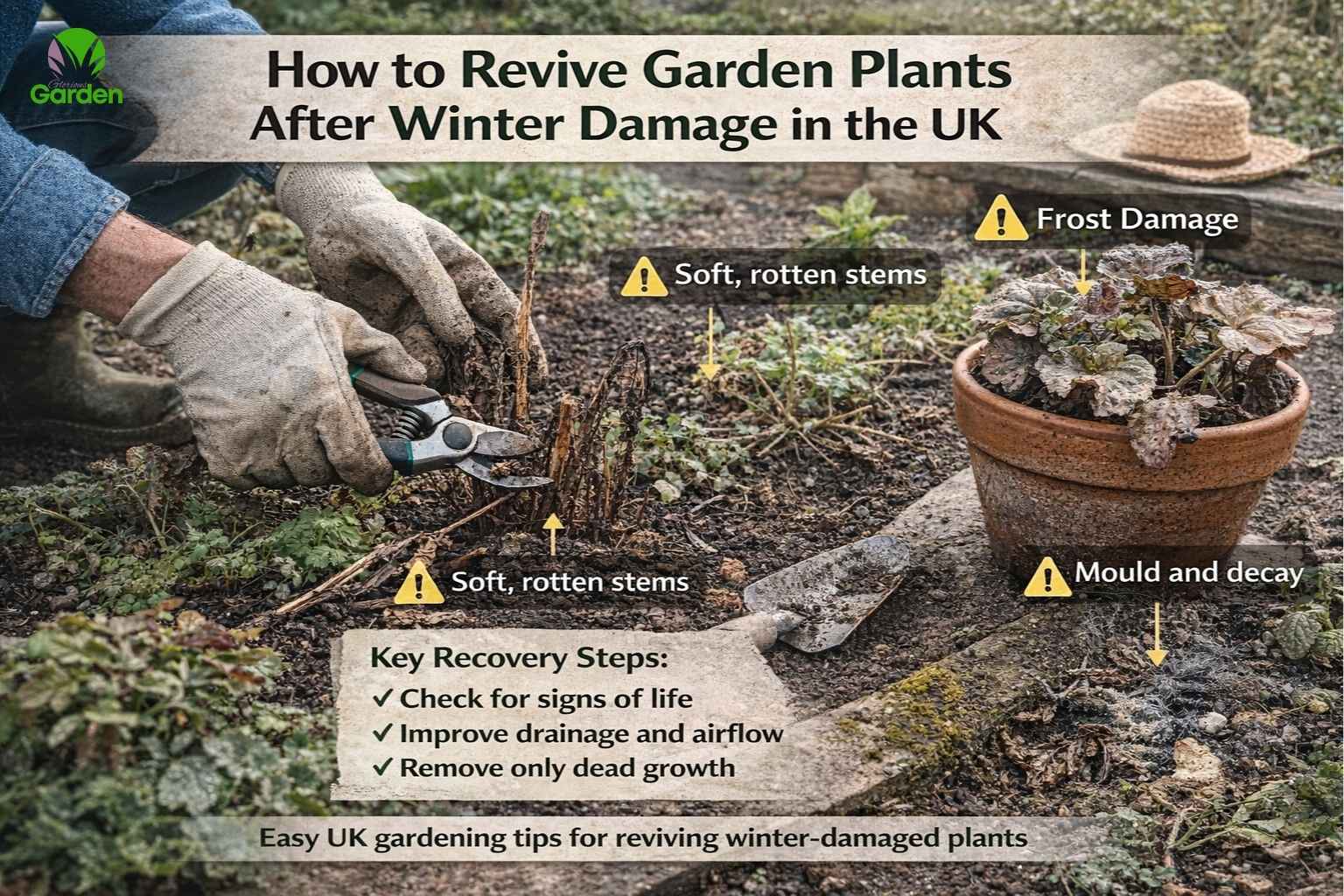 Reviving garden plants after winter damage in the UK by removing dead growth and improving conditions