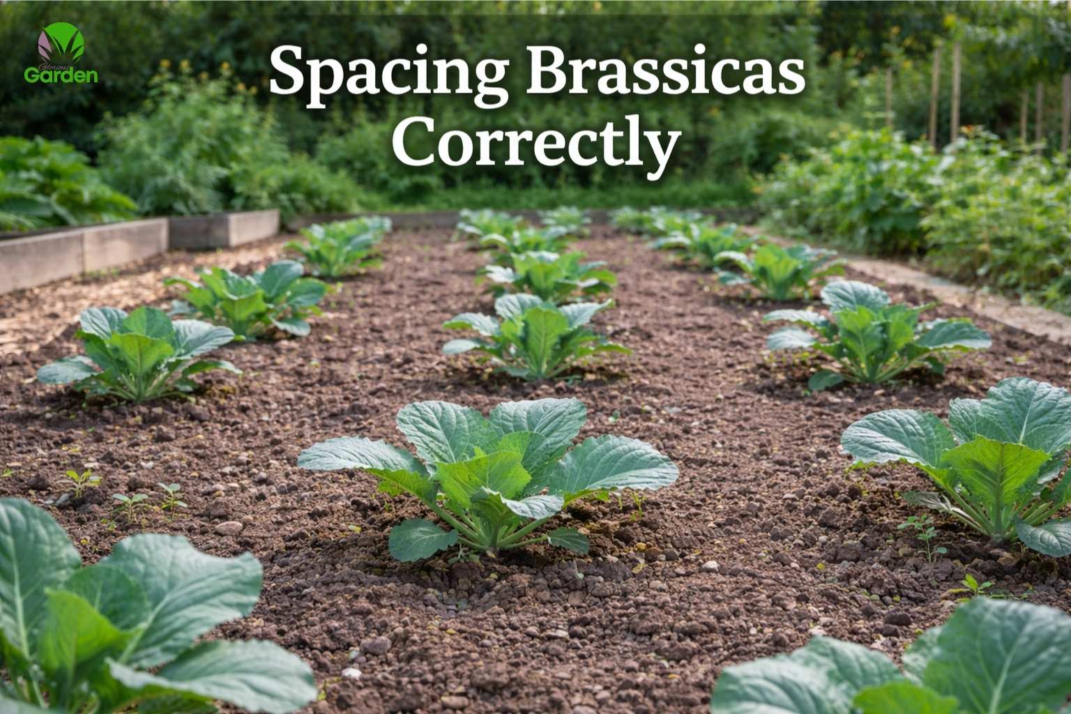 Well-spaced brassica plants growing in a UK vegetable garden