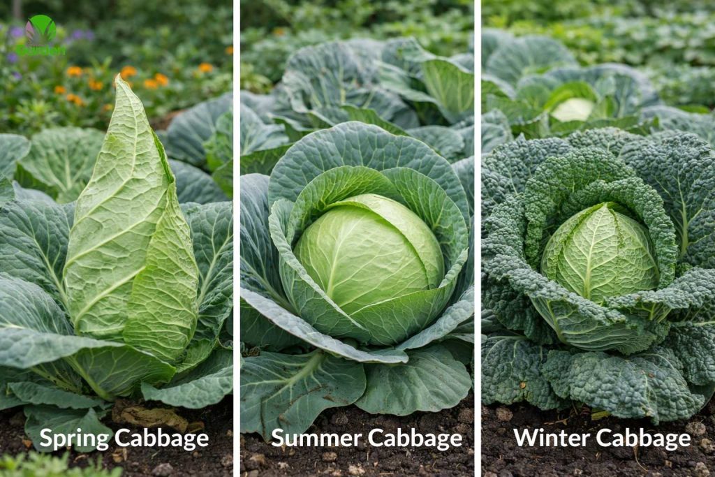 Different types of cabbage including spring, summer and winter varieties growing in a UK garden