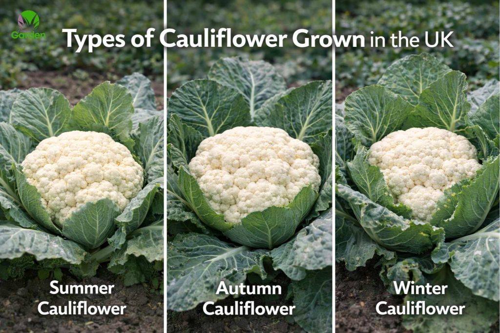 Summer, autumn and winter cauliflower growing in a UK vegetable garden