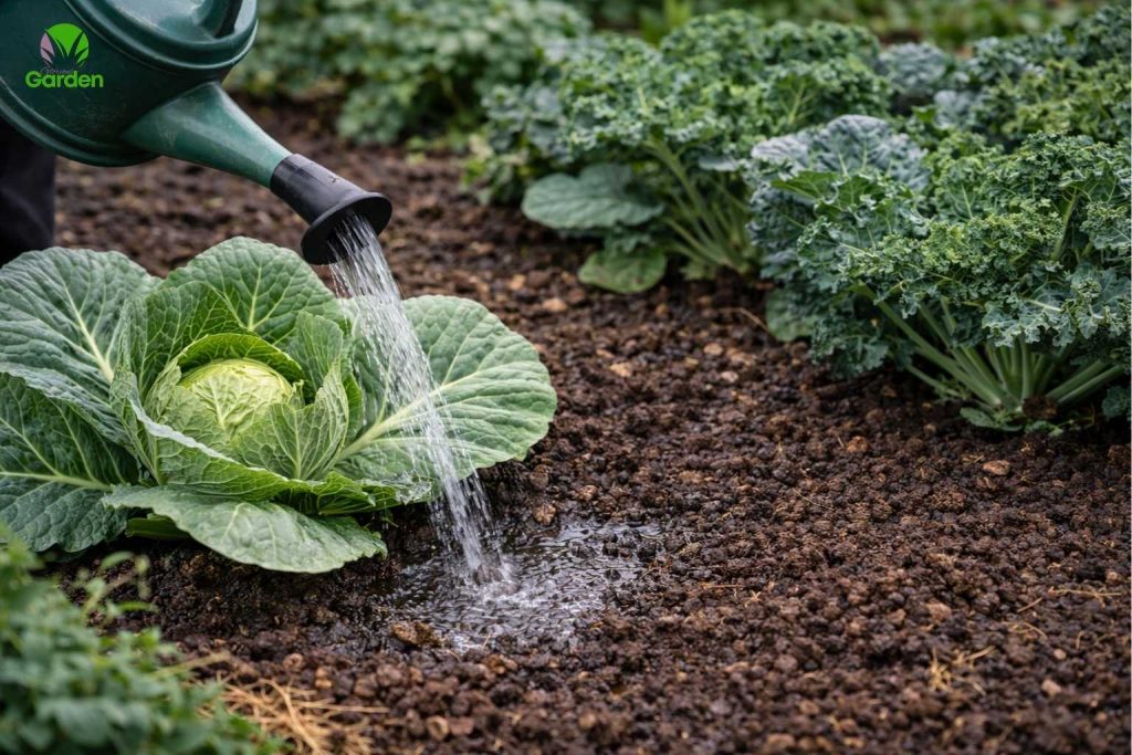Watering brassicas at soil level to encourage deep roots and steady growth
