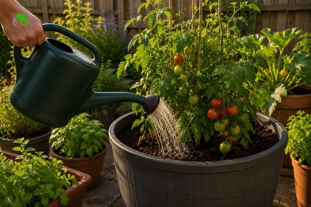 Watering vegetable containers with a watering can on a UK patio in summer