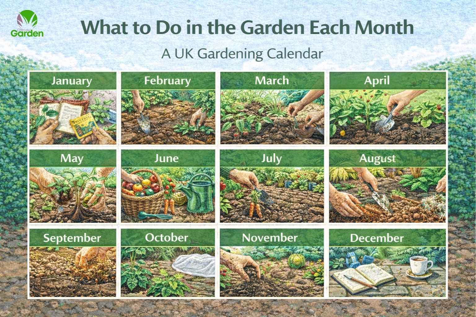 Illustrated UK gardening calendar showing monthly garden tasks from January to December