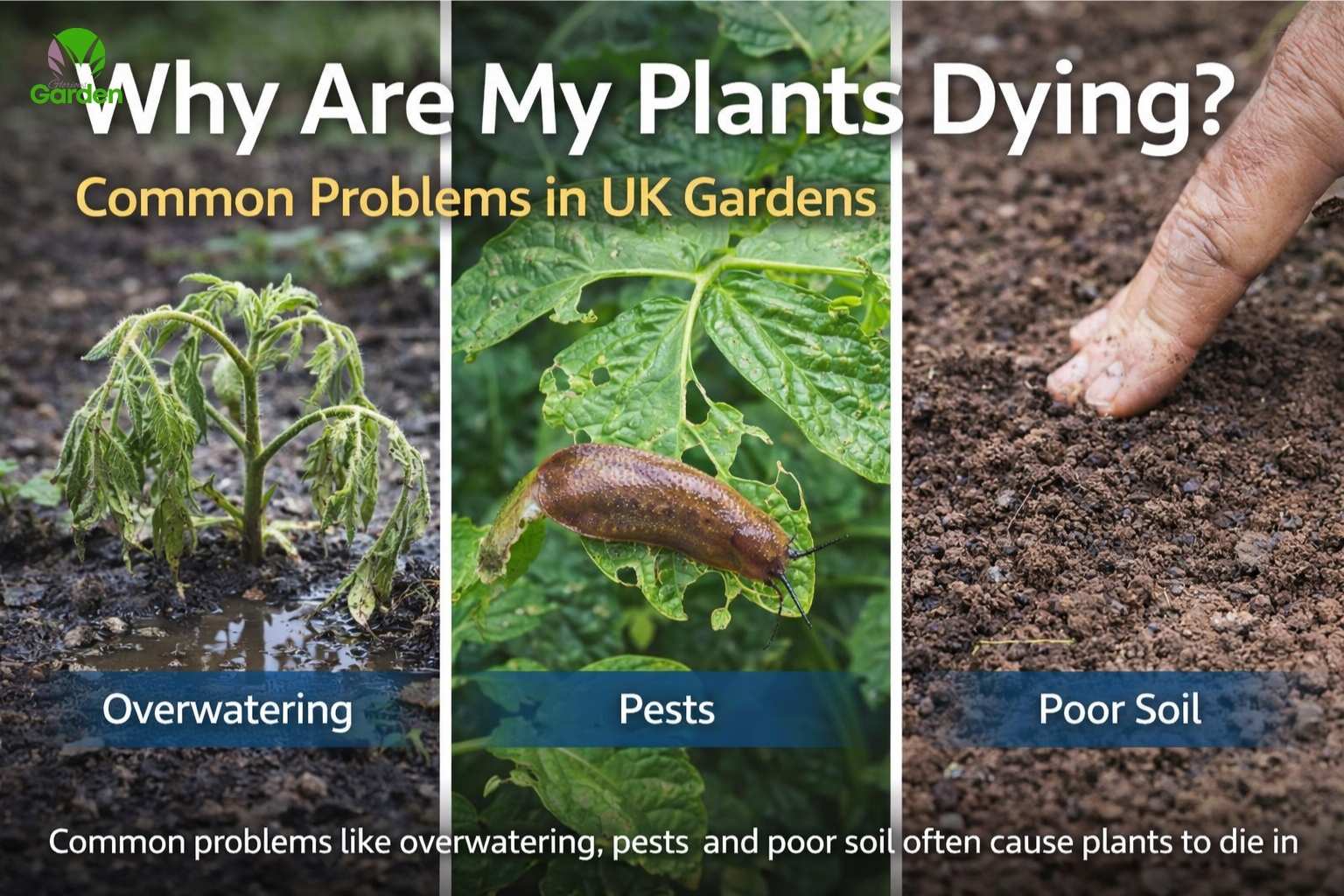 Different UK garden soil types including clay, sandy, loam and chalky soil shown side by side