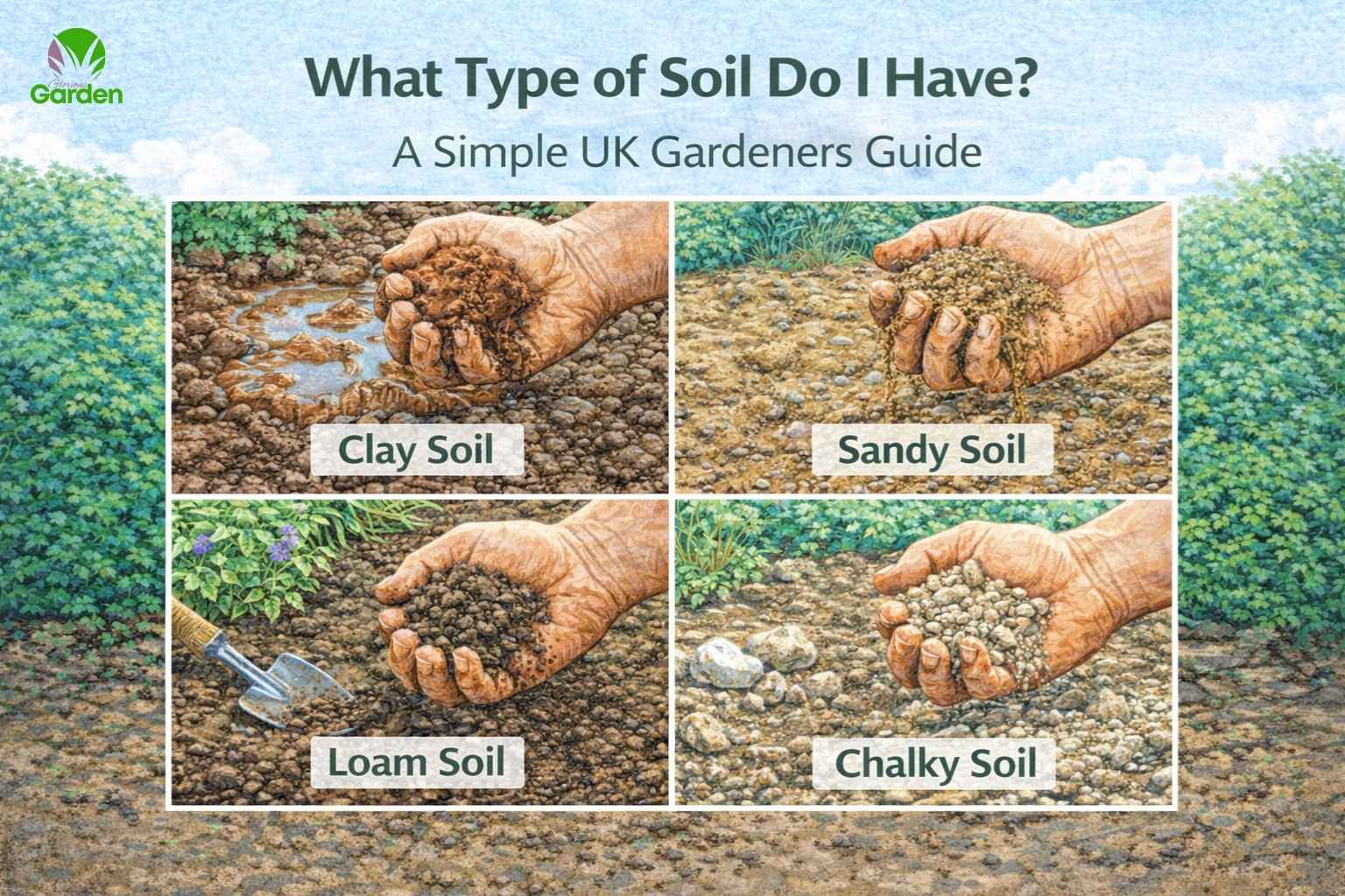 Different UK garden soil types including clay, sandy, loam and chalky soil shown side by side